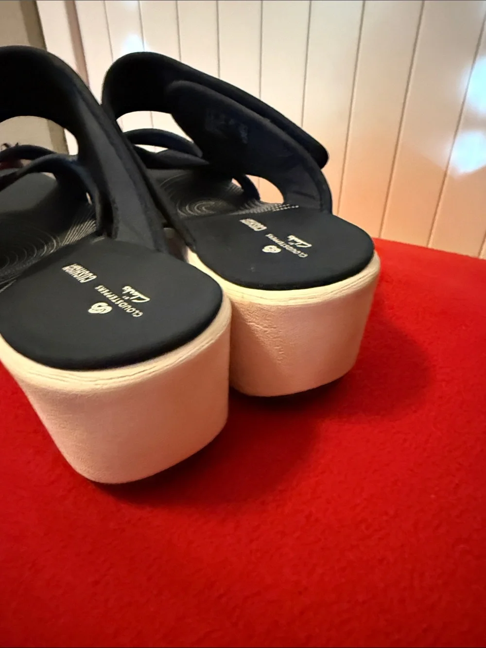 Clarks Navy Blue Wedge Slide Sandals - Women's